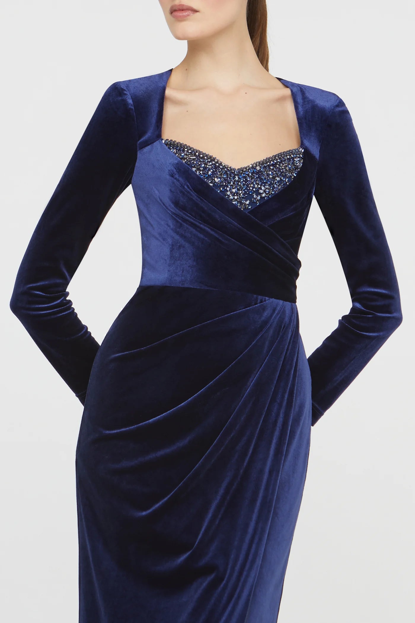 Navy Blue Velvet Sheath Sweetheart Neckline Beaded Bust Long Sleeve Ruched High Slit Floor Length Formal Evening Prom Dress