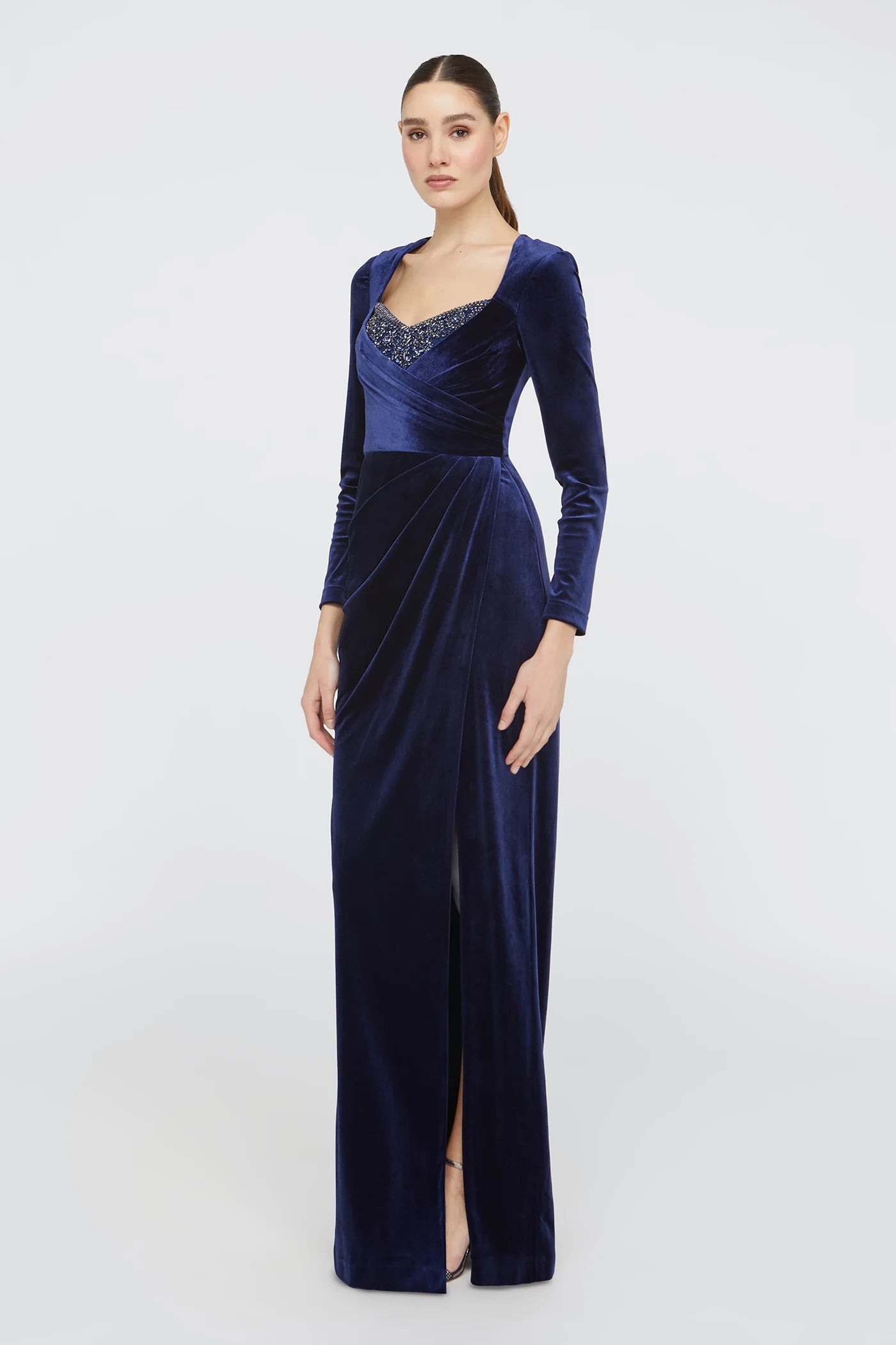 Navy Blue Velvet Sheath Sweetheart Neckline Beaded Bust Long Sleeve Ruched High Slit Floor Length Formal Evening Prom Dress