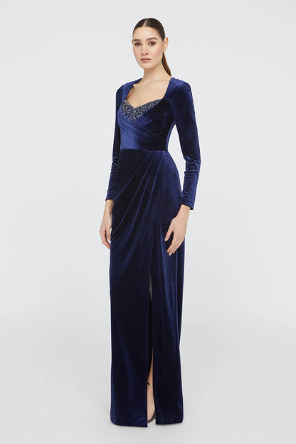 Navy Blue Velvet Sheath Sweetheart Neckline Beaded Bust Long Sleeve Ruched High Slit Floor Length Formal Evening Prom Dress
