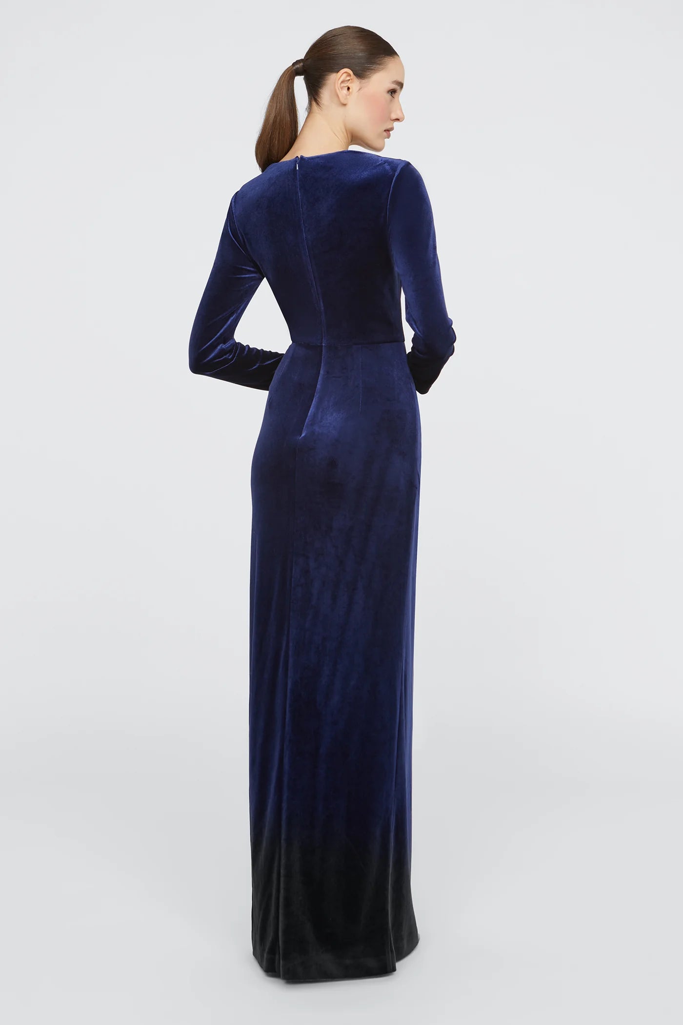 Navy Blue Velvet Sheath Sweetheart Neckline Beaded Bust Long Sleeve Ruched High Slit Floor Length Formal Evening Prom Dress