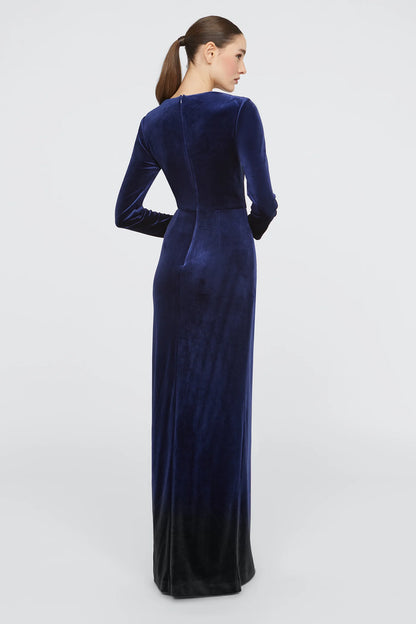 Navy Blue Velvet Sheath Sweetheart Neckline Beaded Bust Long Sleeve Ruched High Slit Floor Length Formal Evening Prom Dress