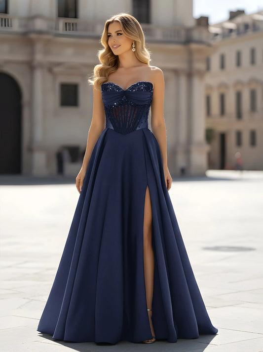 Navy Satin Maxi Prom Dresses with Strapless Sequin Corset Bodice Lace-Up Back High Slit for Prom and Red Carpet