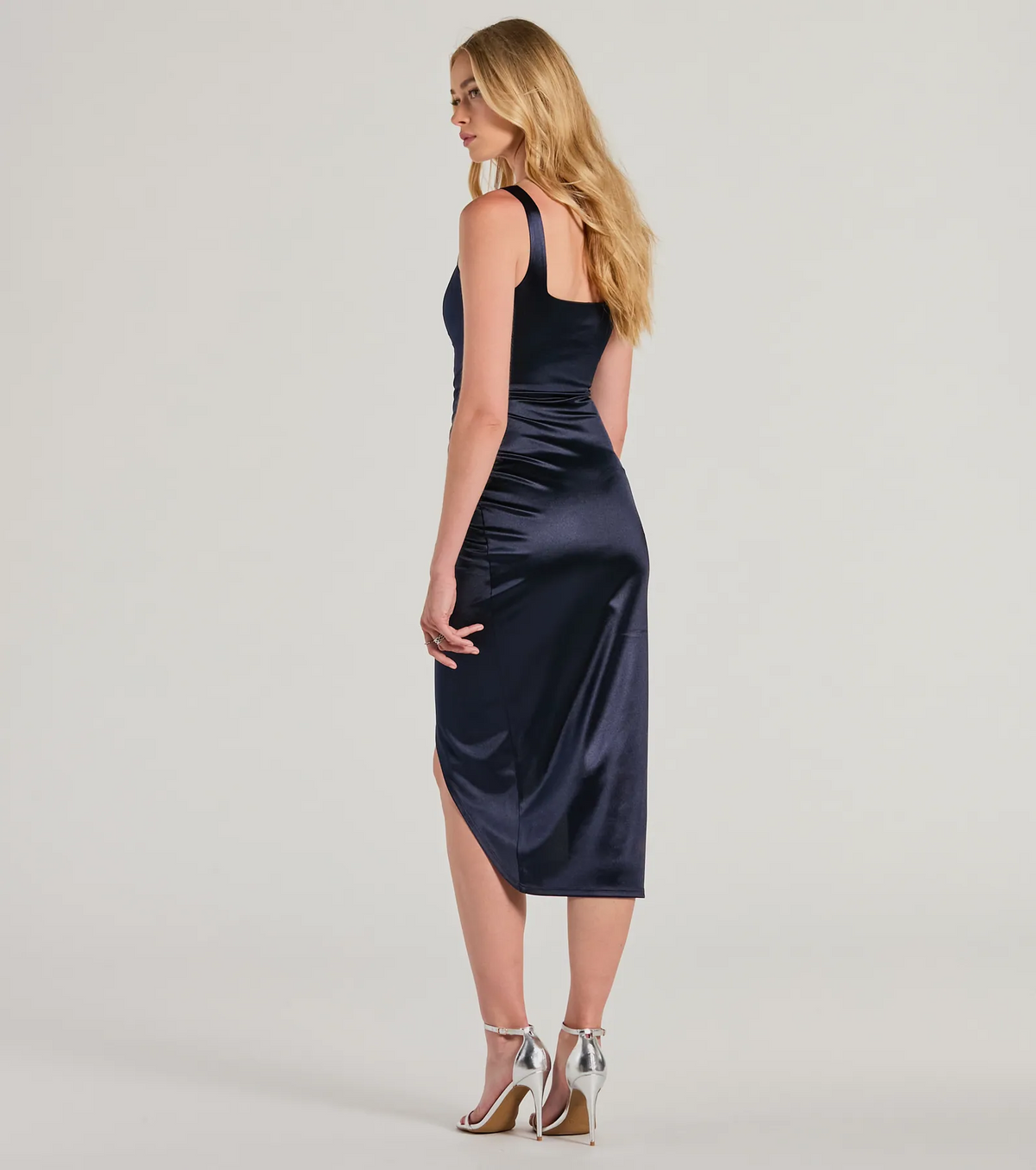 Navy Square Neck Satin Ruched Slit Midi Evening Dresses