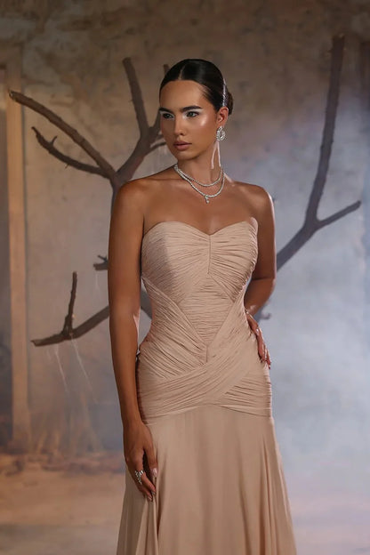 Nude Chiffon Maxi Prom Dresses with Strapless Sweetheart Neckline Ruched Bodice and Train