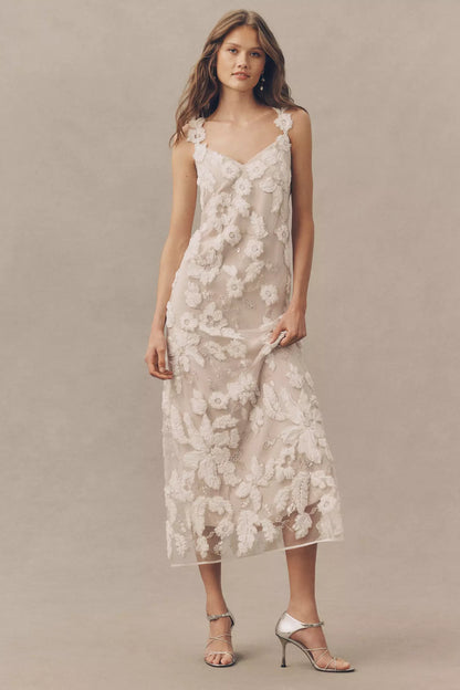 Nude Sheer Tulle 3D Floral Embroidered Beaded Spaghetti Strap Midi Prom Dress