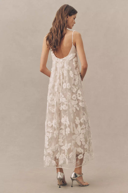Nude Sheer Tulle 3D Floral Embroidered Beaded Spaghetti Strap Midi Prom Dress