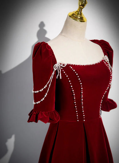 Wine Red Velvet Pearl Short Sleeves Long Prom Dress A-line Evening Dress