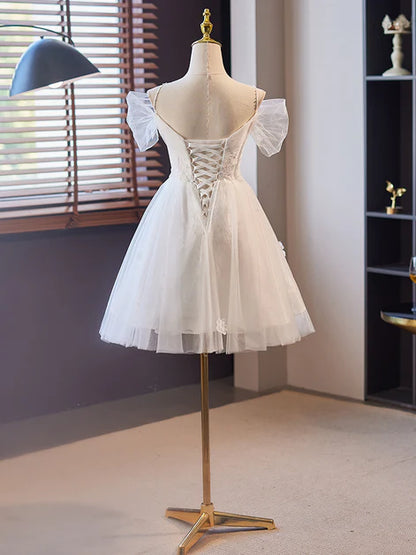 White Tulle with Lace Off Shoulder Short Party Dress White Prom Dress Formal Dress
