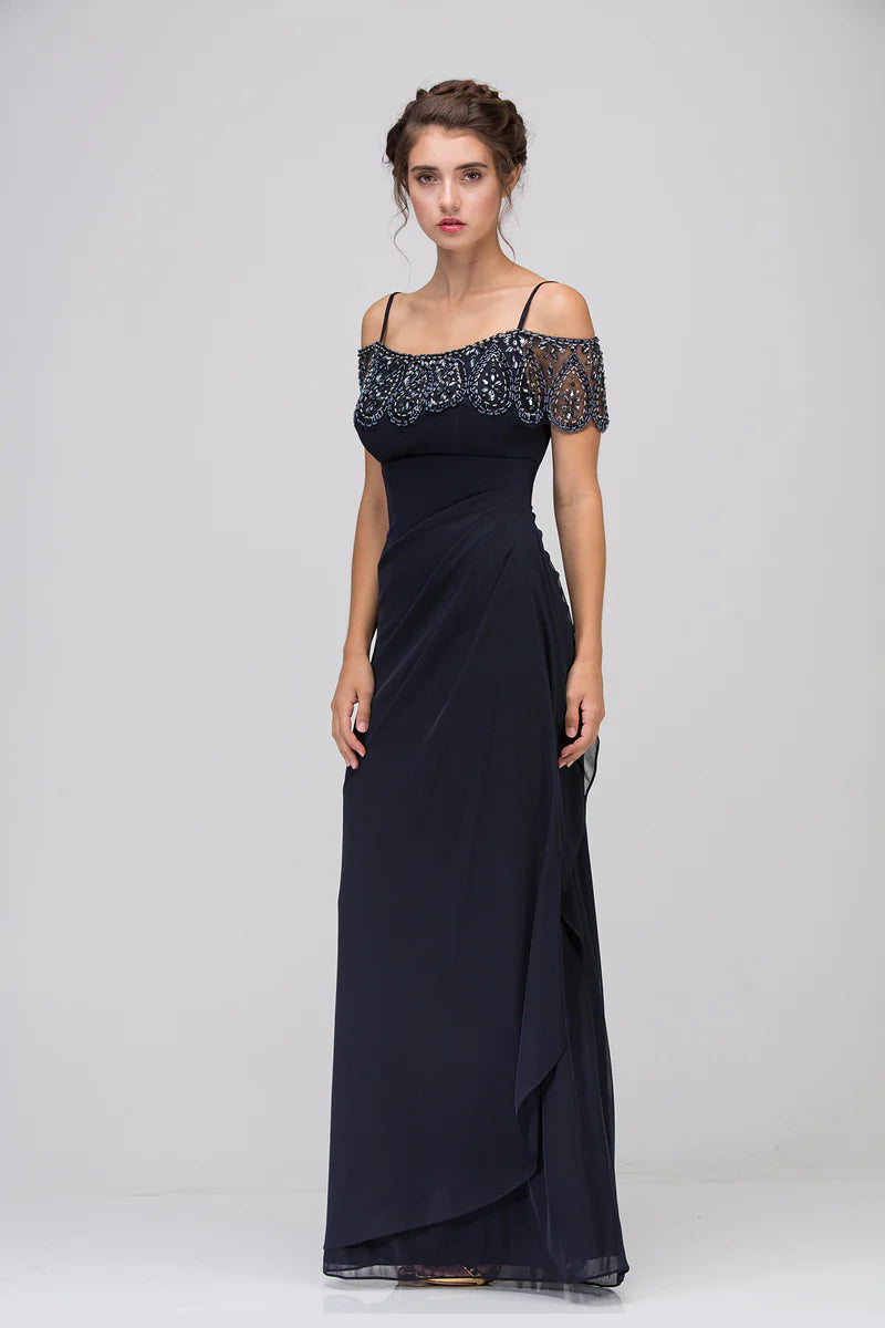 Off-Shoulder Beaded Bodice Ruched Chiffon Maxi Evening Dress