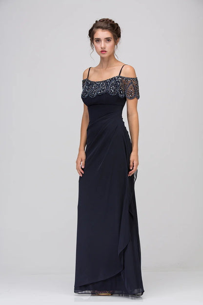 Off-Shoulder Beaded Bodice Ruched Chiffon Maxi Evening Dress