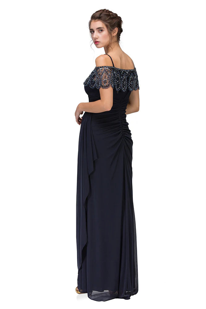 Off-Shoulder Beaded Bodice Ruched Chiffon Maxi Evening Dress