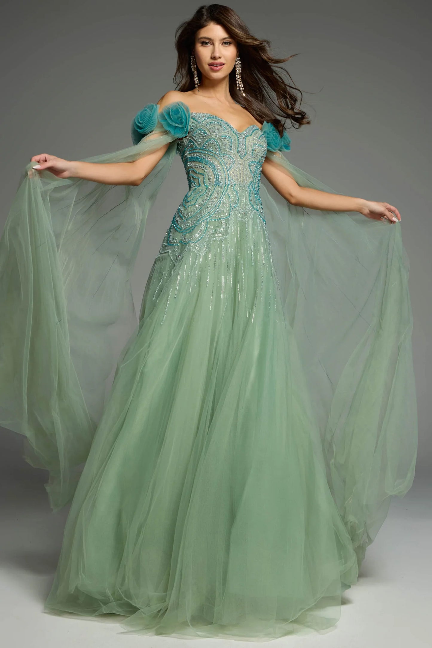 Off-Shoulder Crystal Beaded Floral Applique Capelet Sage Green Tulle Ball Gown Prom Dresses