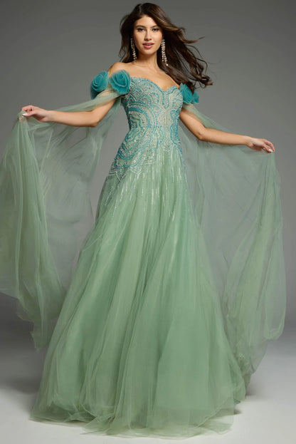 Off-Shoulder Crystal Beaded Floral Applique Capelet Sage Green Tulle Ball Gown Prom Dresses