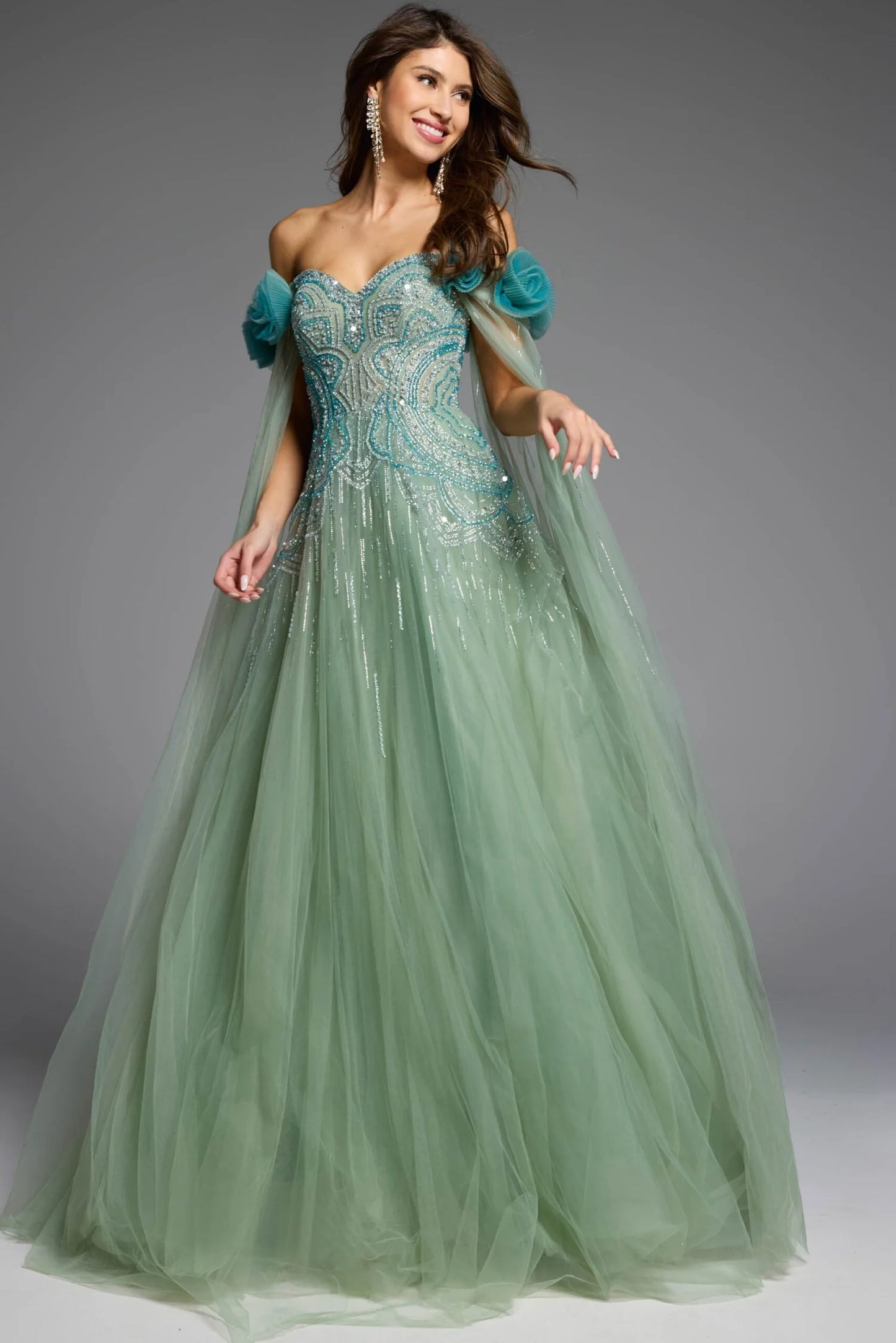 Off-Shoulder Crystal Beaded Floral Applique Capelet Sage Green Tulle Ball Gown Prom Dresses
