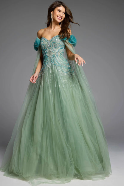 Off-Shoulder Crystal Beaded Floral Applique Capelet Sage Green Tulle Ball Gown Prom Dresses