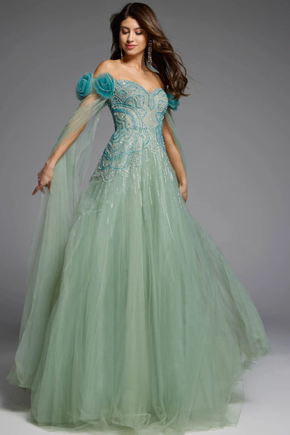 Off-Shoulder Crystal Beaded Floral Applique Capelet Sage Green Tulle Ball Gown Prom Dresses