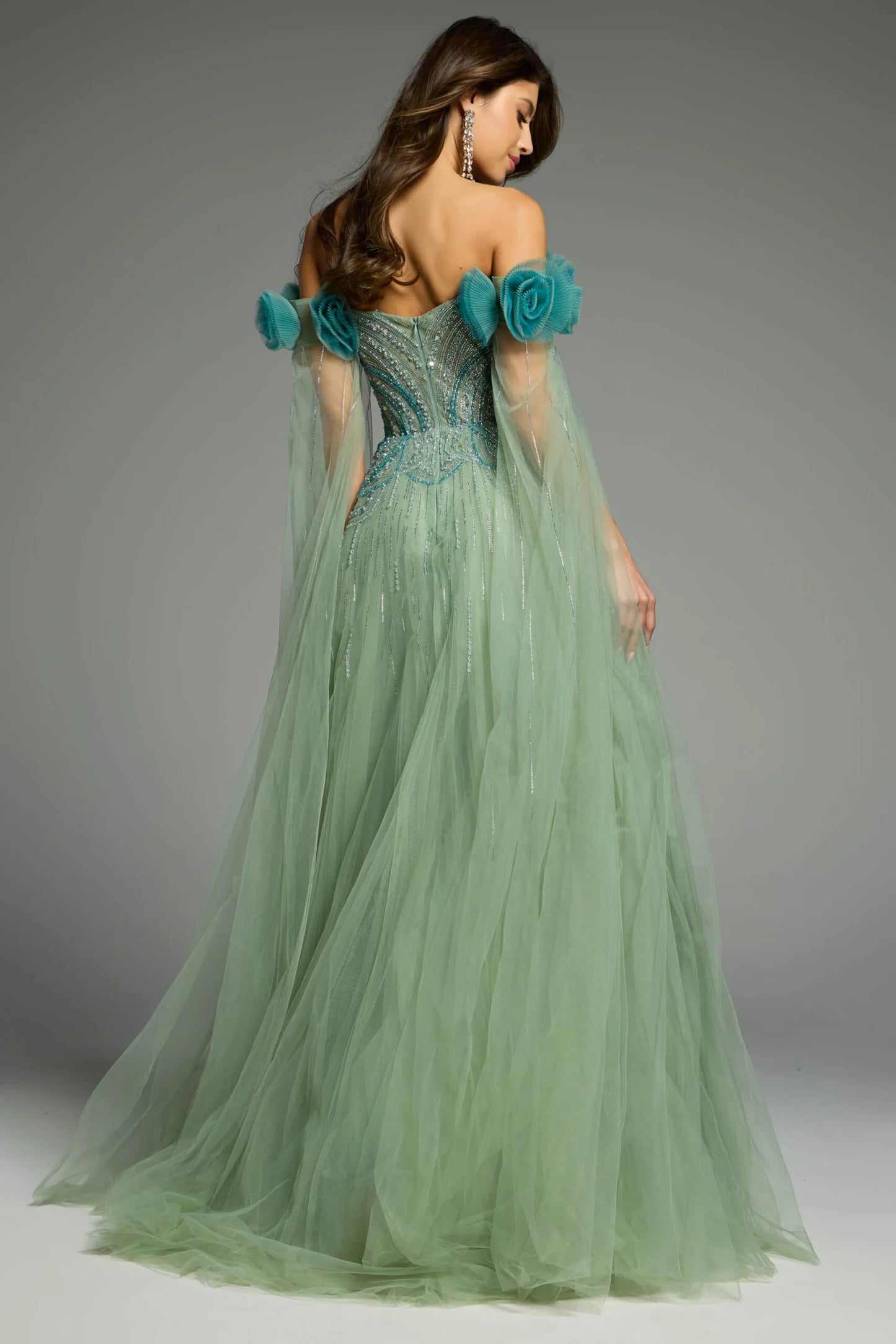 Off-Shoulder Crystal Beaded Floral Applique Capelet Sage Green Tulle Ball Gown Prom Dresses