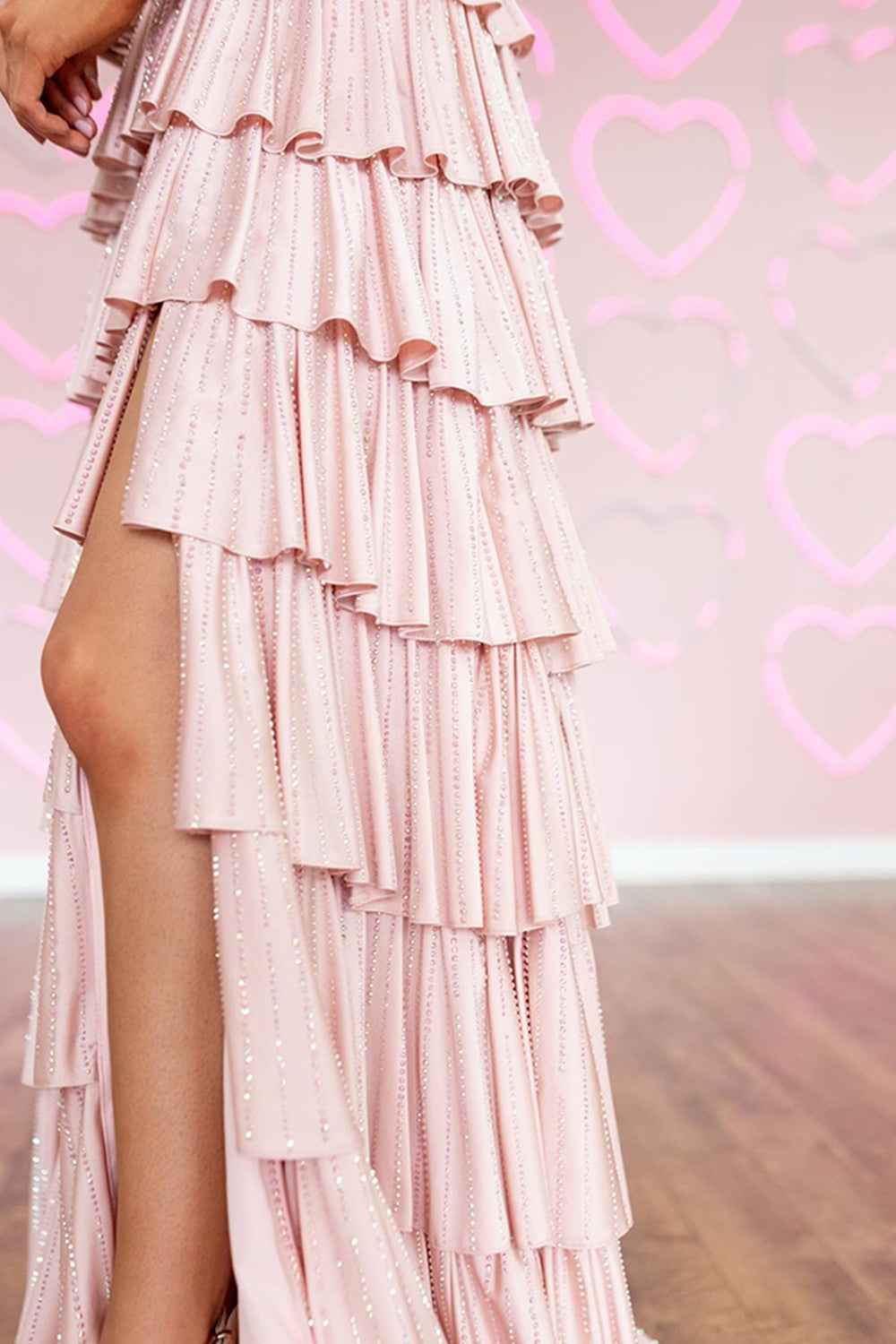 Off-Shoulder Sequin Tiered Ruffle High Slit Prom Dresses (Blush Pink)