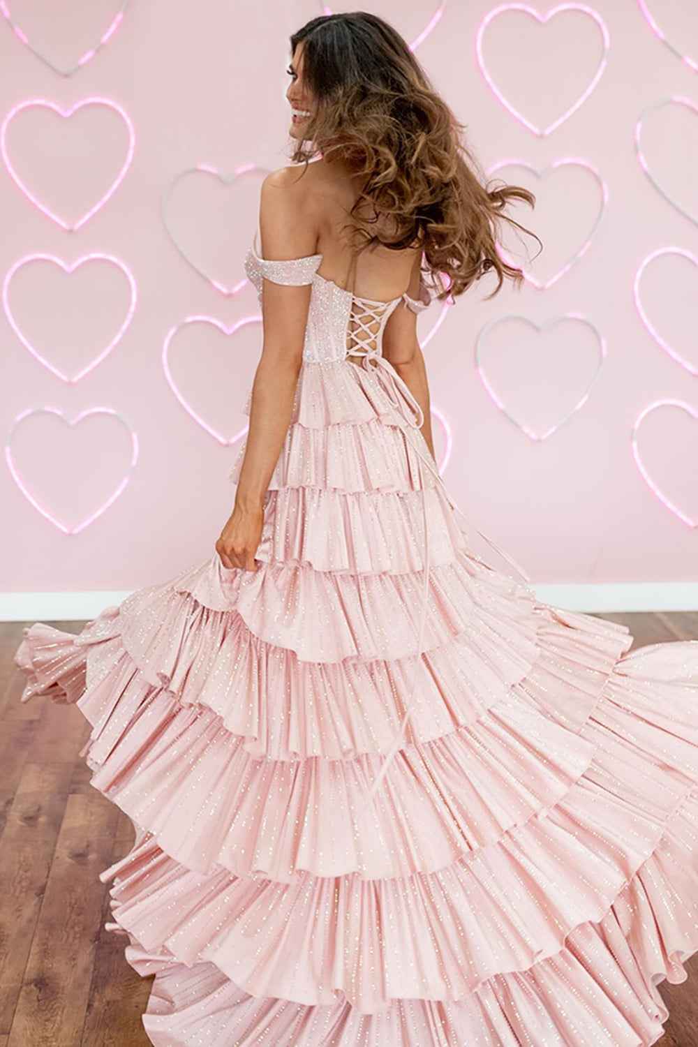 Off-Shoulder Sequin Tiered Ruffle High Slit Prom Dresses (Blush Pink)