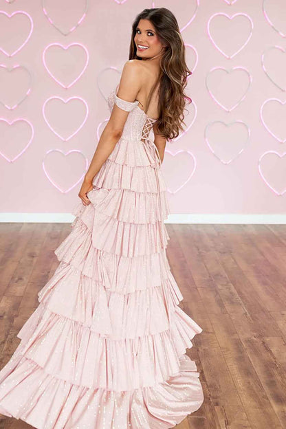 Off-Shoulder Sequin Tiered Ruffle High Slit Prom Dresses (Blush Pink)