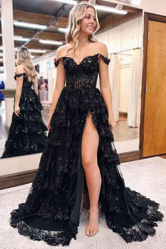 Off-Shoulder Sheer Lace Corset Tiered Ruffle Sequin Prom Dresses (Black & Blue)
