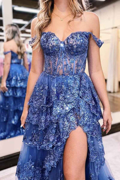 Off-Shoulder Sheer Lace Corset Tiered Ruffle Sequin Prom Dresses (Black & Blue)