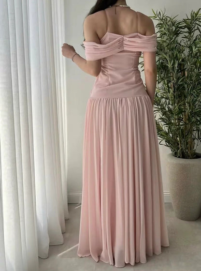 Off-The-Shoulder Beaded Ruched Chiffon Maxi Prom Dresses (Blush Pink)