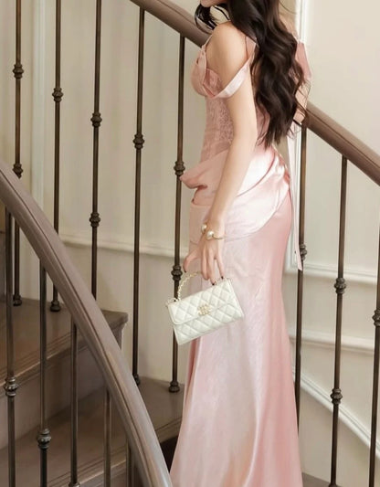 Off-The-Shoulder Spaghetti Strap Lace Corset Draped Satin Mermaid Prom Dresses (Blush Pink)