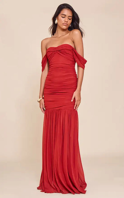 Off-the-Shoulder Twisted Bust Ruched Mesh Red Maxi Evening Dress For Formal Events