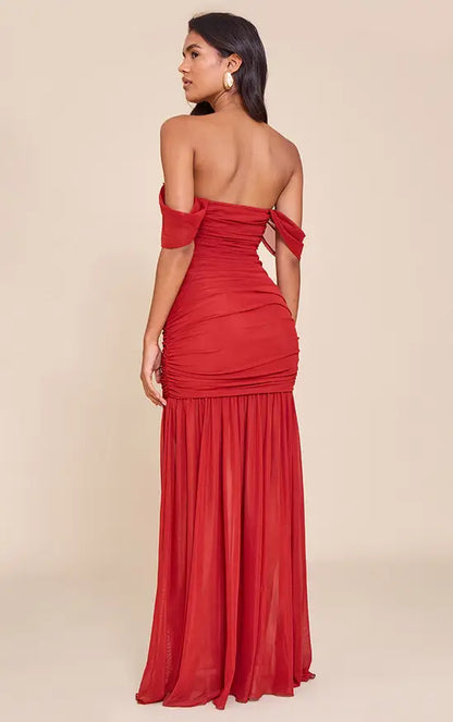 Off-the-Shoulder Twisted Bust Ruched Mesh Red Maxi Evening Dress For Formal Events