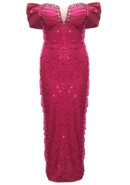 Off Shoulder Fuchsia Sequin Evening Dresses with Rhinestone Bust Detail and Floor-Length Skirt