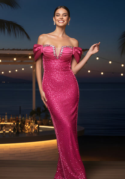 Off Shoulder Fuchsia Sequin Evening Dresses with Rhinestone Bust Detail and Floor-Length Skirt