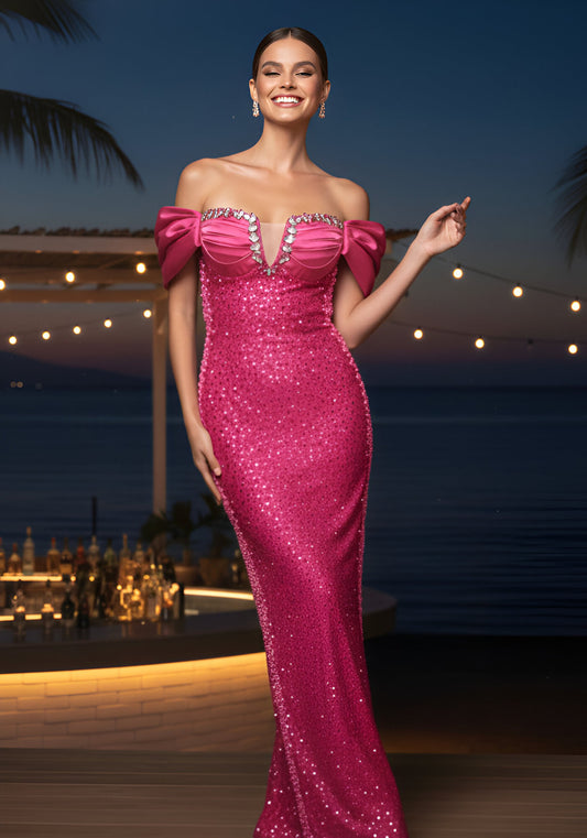 Off Shoulder Fuchsia Sequin Evening Dresses with Rhinestone Bust Detail and Floor-Length Skirt