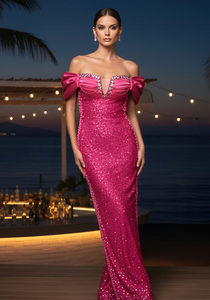 Off Shoulder Fuchsia Sequin Evening Dresses with Rhinestone Bust Detail and Floor-Length Skirt