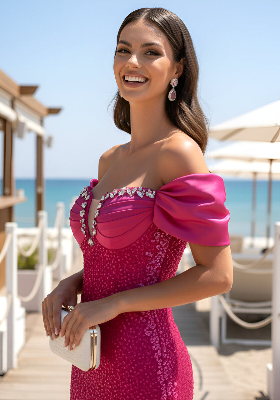 Off Shoulder Fuchsia Sequin Evening Dresses with Rhinestone Bust Detail and Floor-Length Skirt