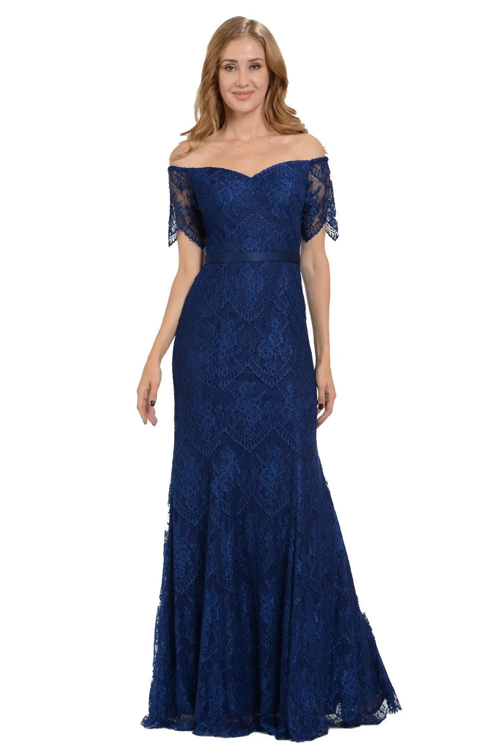 Off Shoulder Navy Blue Lace Evening Dresses with Satin Belt and Floor-Length Skirt