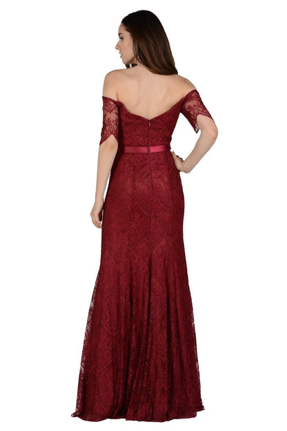 Off Shoulder Navy Blue Lace Evening Dresses with Satin Belt and Floor-Length Skirt