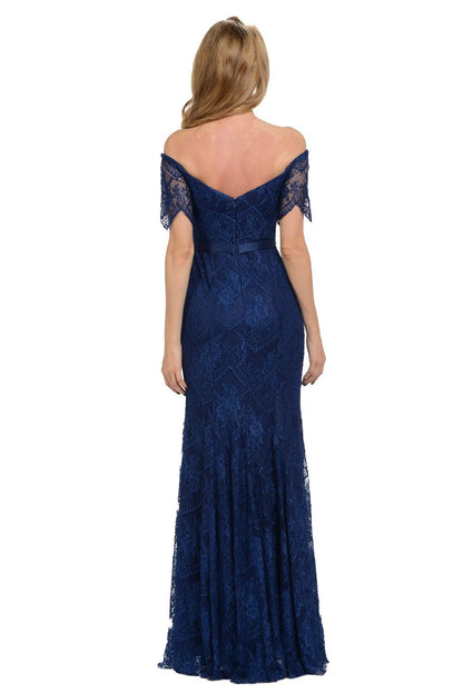 Off Shoulder Navy Blue Lace Evening Dresses with Satin Belt and Floor-Length Skirt