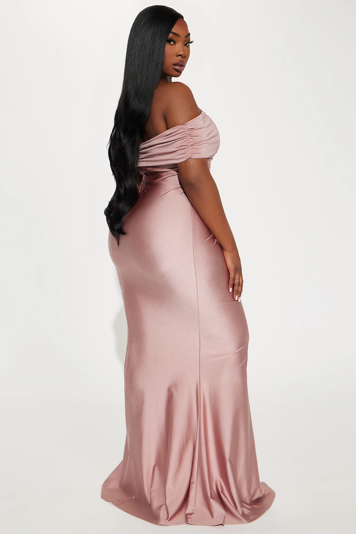 Off Shoulder Ruched Satin Mermaid Slit Long Evening Dress