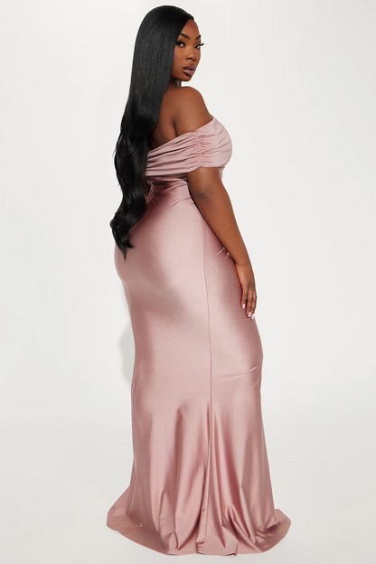 Off Shoulder Ruched Satin Mermaid Slit Long Evening Dress