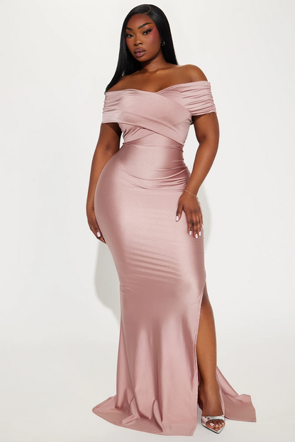 Off Shoulder Ruched Satin Mermaid Slit Long Evening Dress