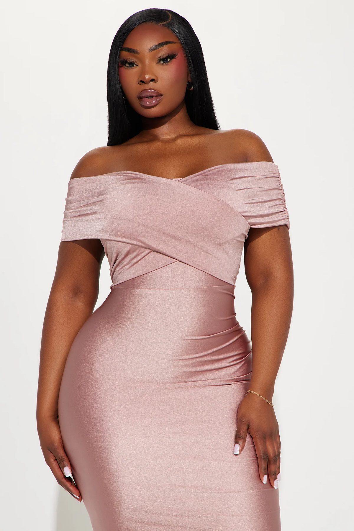 Off Shoulder Ruched Satin Mermaid Slit Long Evening Dress