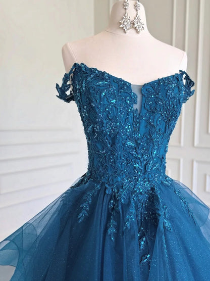 Off The Shoulder Beaded Lace Applique Tiered Glitter Tulle Ball Gown Prom Dresses (Teal Blue)