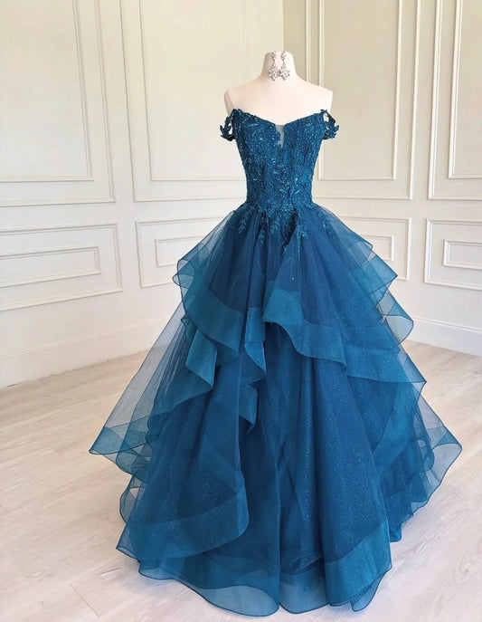Off The Shoulder Beaded Lace Applique Tiered Glitter Tulle Ball Gown Prom Dresses (Teal Blue)