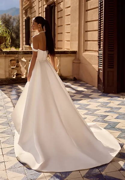 Off The Shoulder Satin A Line Wedding Dress Sweetheart Corset Bridal Gown with Chapel Train