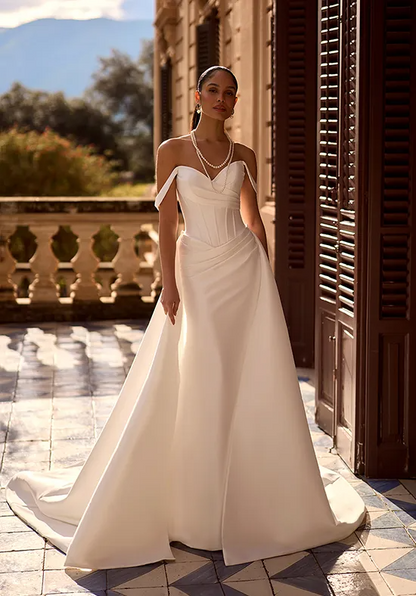 Off The Shoulder Satin A Line Wedding Dress Sweetheart Corset Bridal Gown with Chapel Train