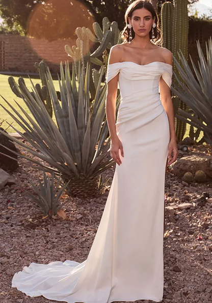 Off The Shoulder Ruched Mermaid Wedding Dress High Slit Open Back Pearl Button Train