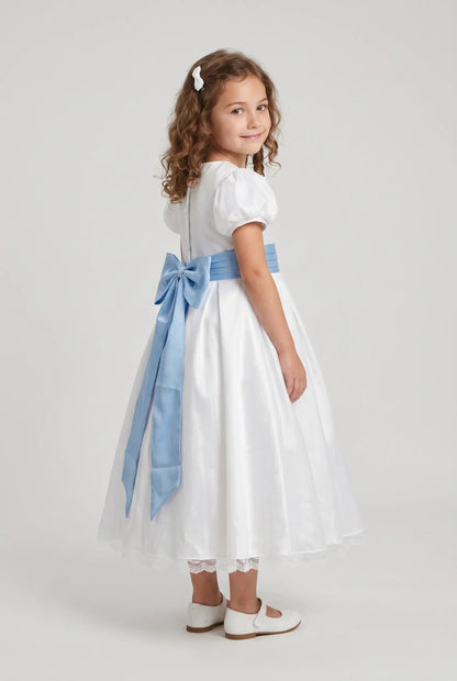 Off white satin bubble sleeves butterfly waist knot girl party dress