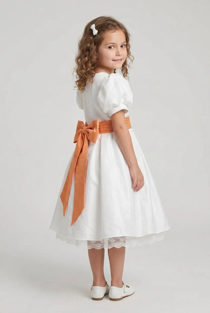 Off white satin bubble sleeves butterfly waist knot girl party dress