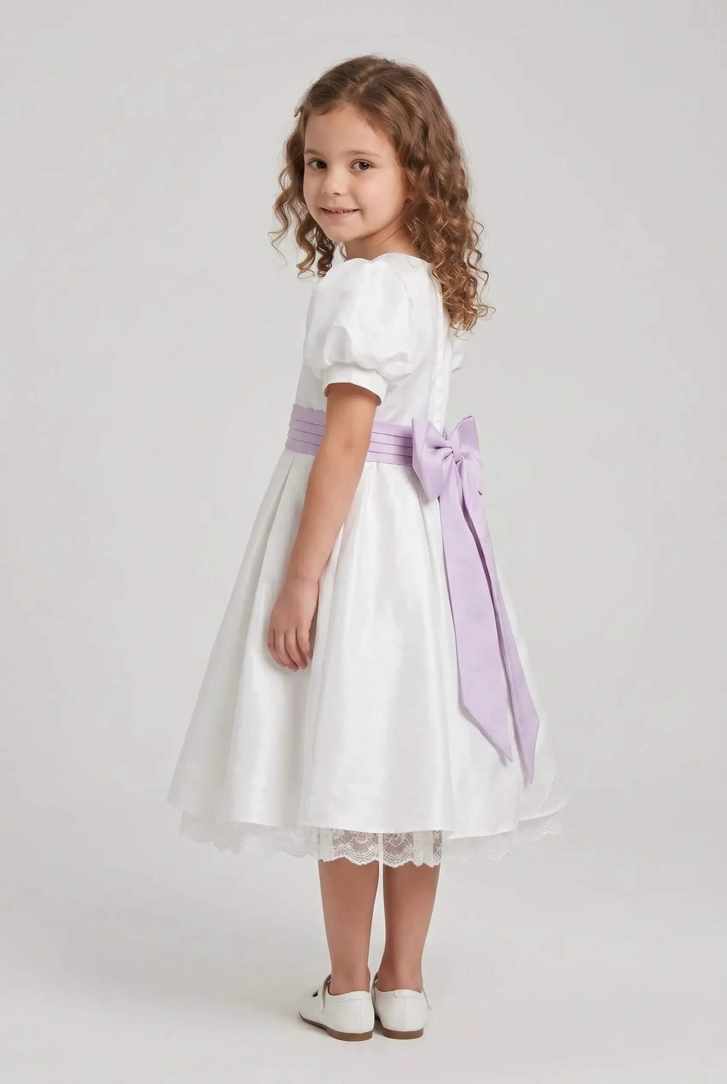 Off white satin bubble sleeves butterfly waist knot girl party dress